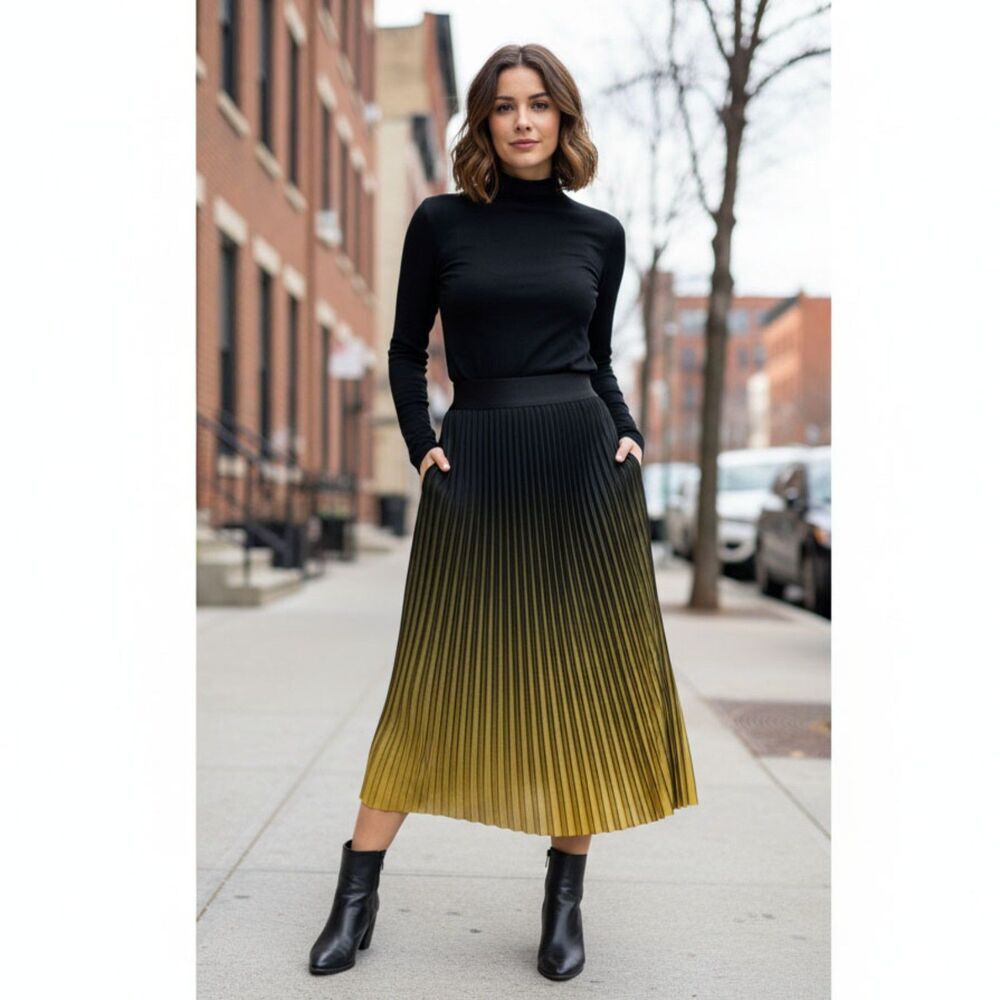 See And Be Seen Black & Yellow Accordion Pleated Midi Skirt Size S/M